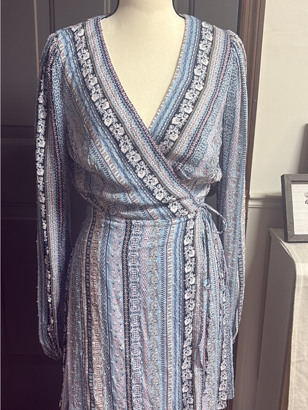 Blue Rain Light Blue Paisley-Striped Wrap Dress